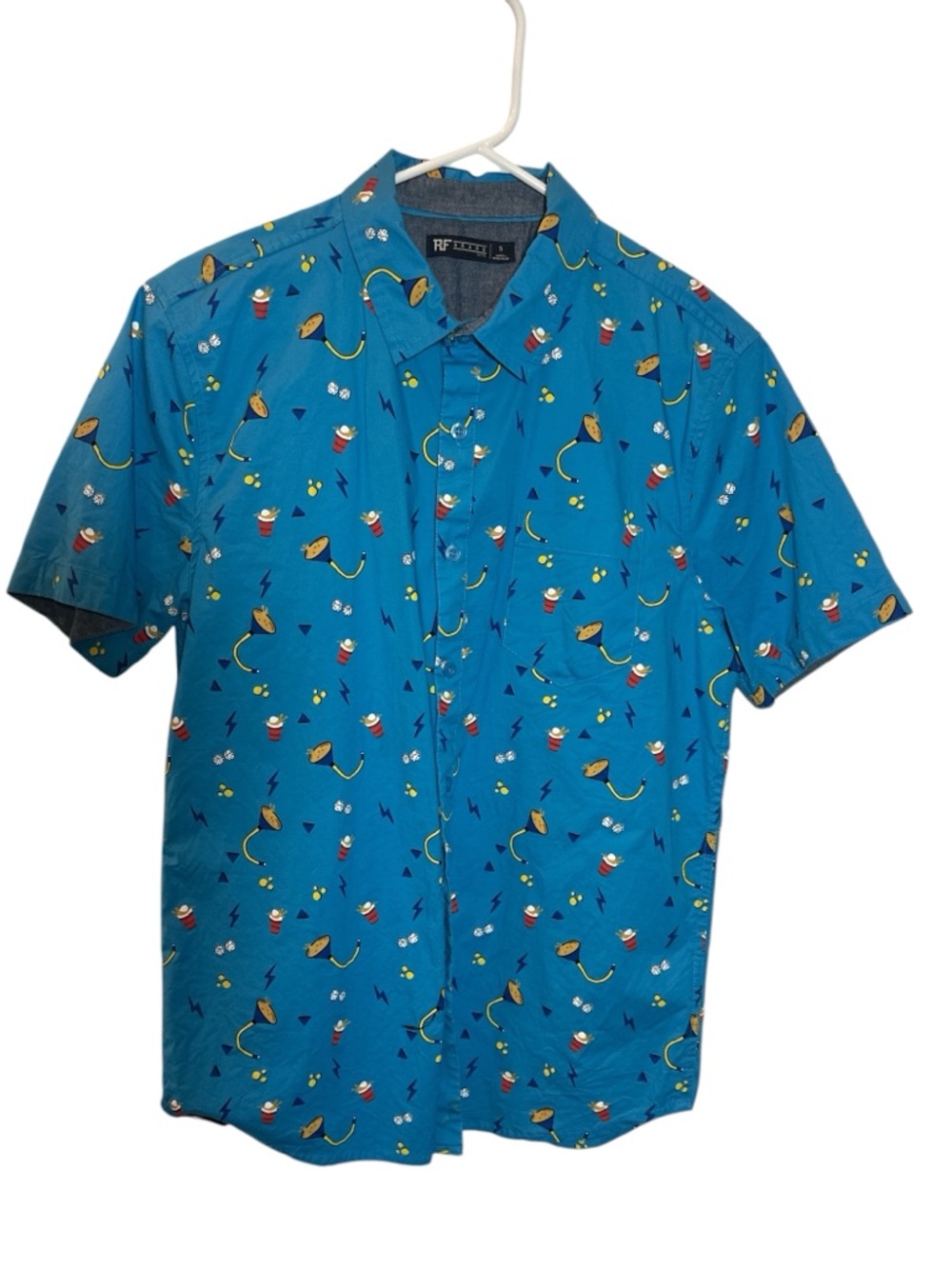 RF Drinking Solo Cup Party Blue Button Up Shirt Men's Small EUC